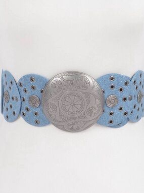 1302.  Light Blue Denim Disc Belt with Decorative Silver Medallion